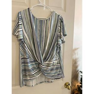 Robert Louis XL Stretchy Striped White Blue Green Tie Front Top Spring Coastal